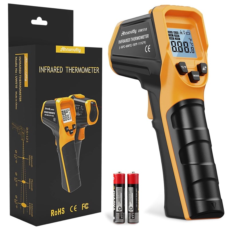 AHOSOUTLY Infrared Thermometer Laser Temperature Gun -58℉ to 1112℉,with Cal Calibration and Adjustable Emissivity,Min& Max Measure,for Cooking,Oven,Meat Food,HVAC,Appliance（Yellow） - Image 1
